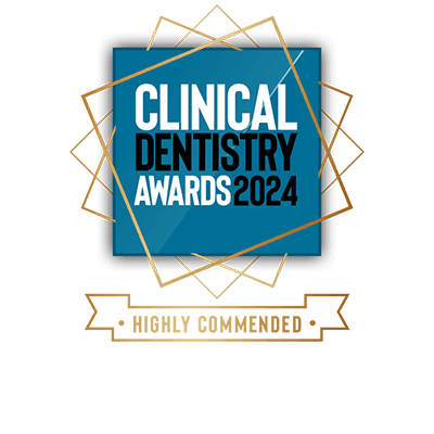 A logo of the 2024 Clinical Dentistry Awards, displaying the words "Highly Commended" below the emblem